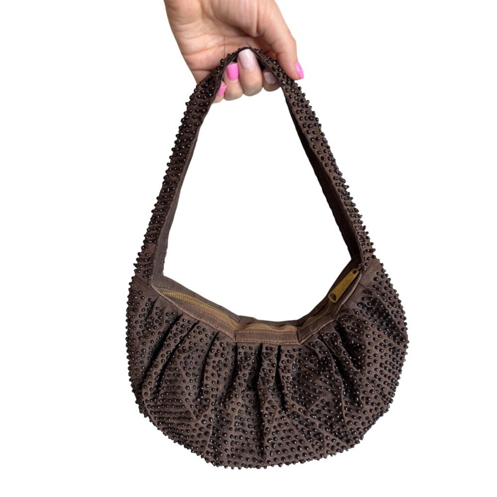 70s Brown Beaded‎ Shoulder Bag With Zipper Closure
